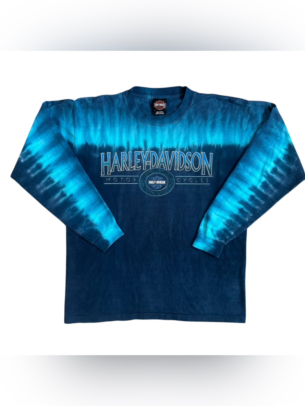 Vintage Y2K Harley Davidson Single Stitch Blue Tie Dye Long Sleeve Tee Medium